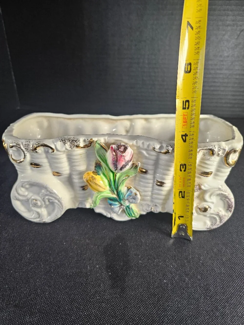 Tilso Japan's Ceramic Basket Wagon Planter Hand Painted Tulips Gold Trim